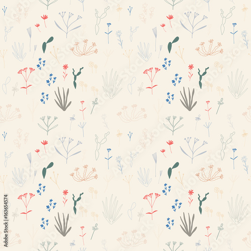 Small flowers and leaves floral vector seamless pattern.