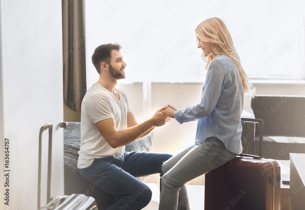 Young couple travel together hotel room leisure