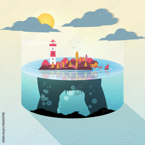 Paper-cut Style Applique Lighthouse and Small Island Slice Of Land and Underwater view - Vector Illustration