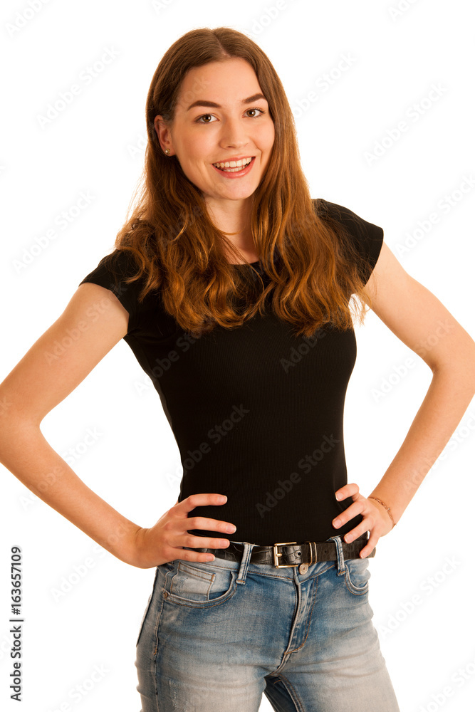 attractive young woman in jeans and black t shirt isolated over white background attractive young woman in jeans and black t shirt isolated over white background