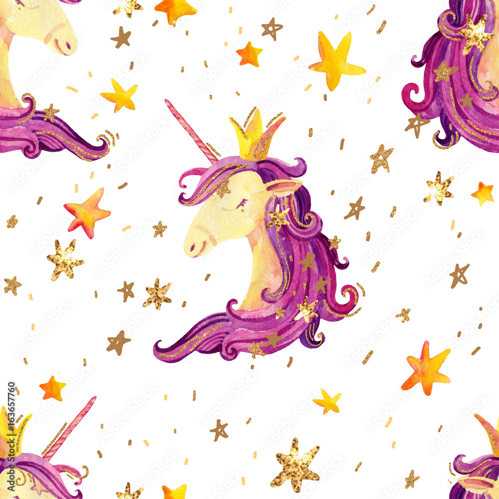 Obraz premium Watercolor unicorn seamless pattern.