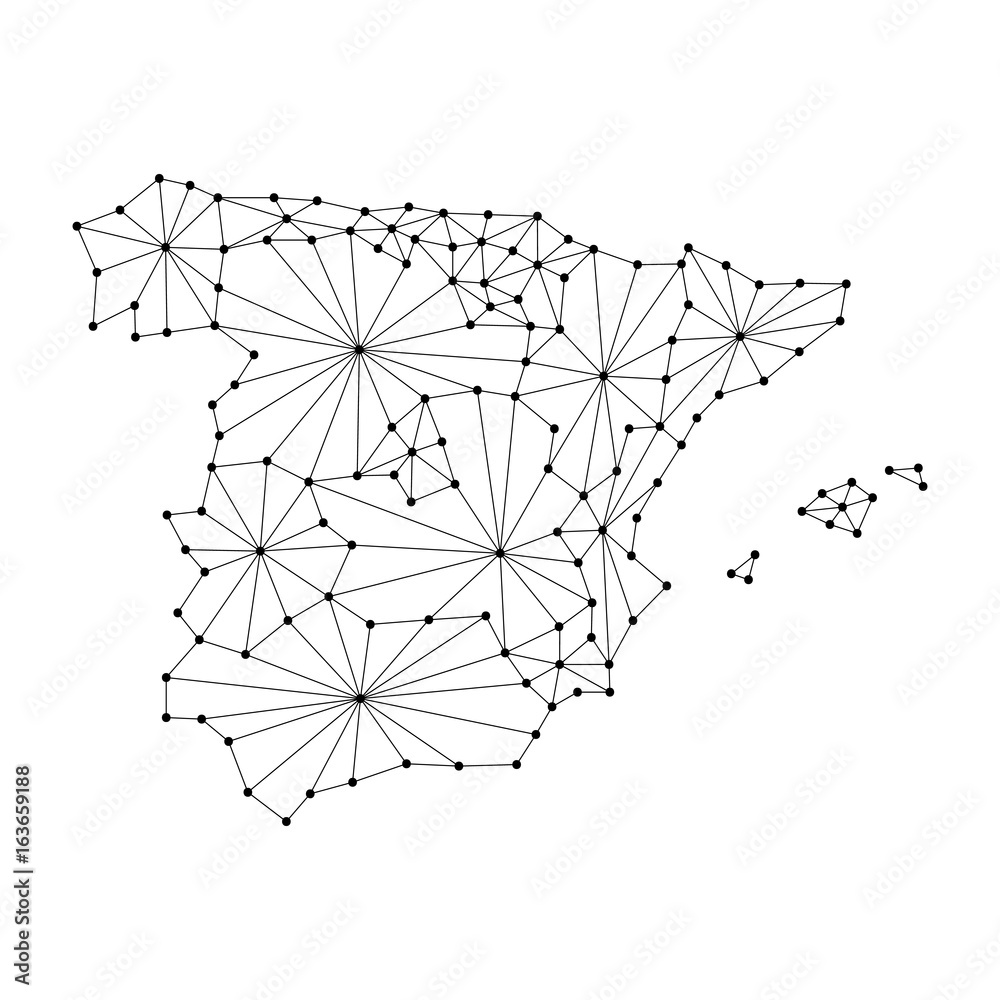 Spain map of polygonal mosaic lines network, rays and dots vector illustration. Spain map of polygonal mosaic lines network, rays and dots vector illustration.