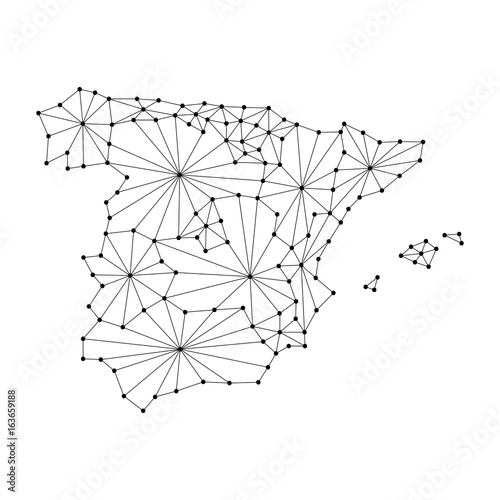 Spain map of polygonal mosaic lines network, rays and dots vector illustration.
