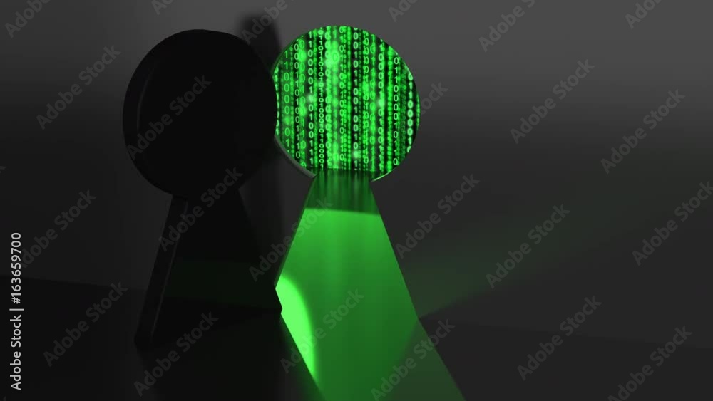 Black keyhole in a dark wall slowly opens revealing a shining green ...