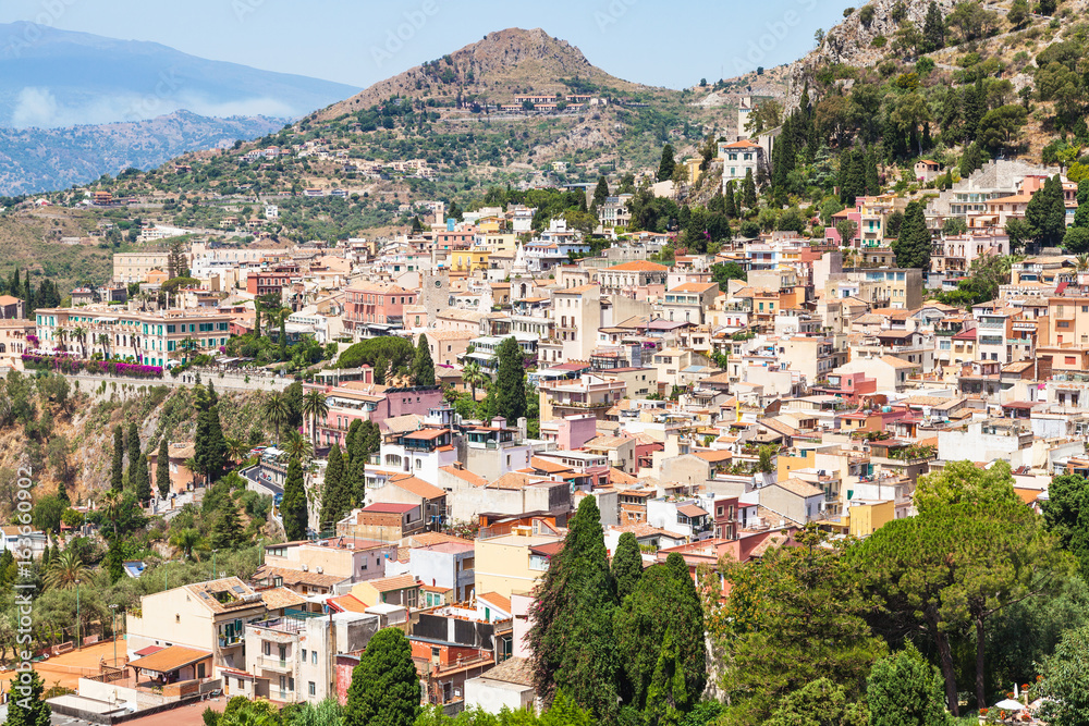 above view of Taormina city in summer day