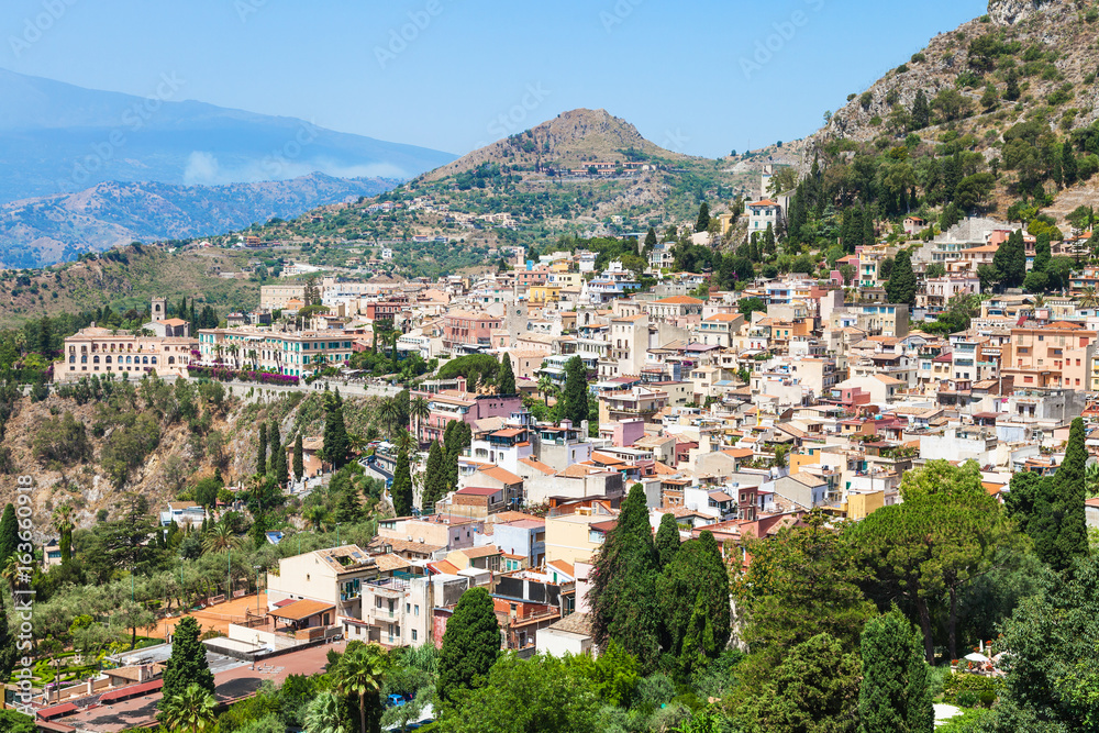 skyline of Taormina city in summer day