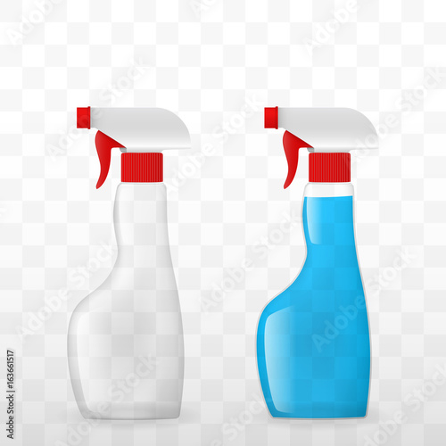 A transparent bottle with a spray gun: empty and full. Realistic vector illustration.
