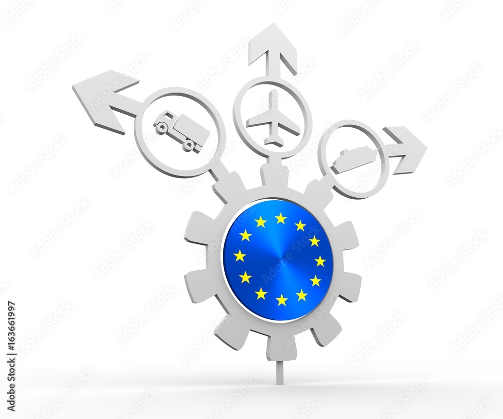 Delivery emblem design. Truck, airplane and ferry boat icons on destination arrows. Flag of the European Union in the center of gear. 3D rendering Delivery emblem design. Truck, airplane and ferry boat icons on destination arrows. Flag of the European Union in the center of gear. 3D rendering