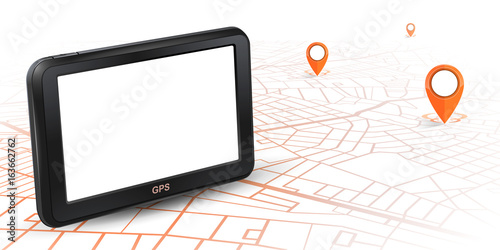 GPS navigator unit mock up on map with gps icon orange color