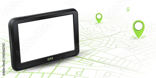 GPS navigator unit mock up on map with gps icon green color