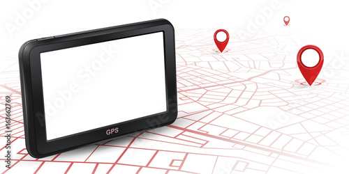 GPS navigator unit mock up on map with gps icon red color