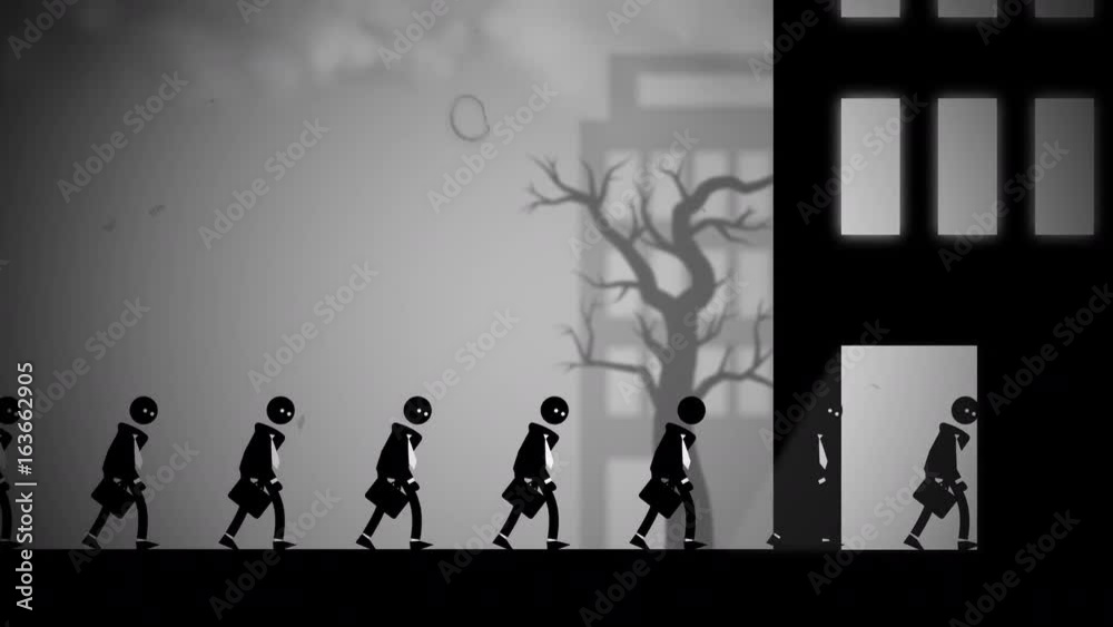 Depressed white-collar workers marching to their daily office jobs. Conceptual animation with a dark, dystopian feel, like George Orwell's 1984 or Metropolis. Seamlessly loopable. Depressed white-collar workers marching to their daily office jobs. Conceptual animation with a dark, dystopian feel, like George Orwell's 1984 or Metropolis. Seamlessly loopable.