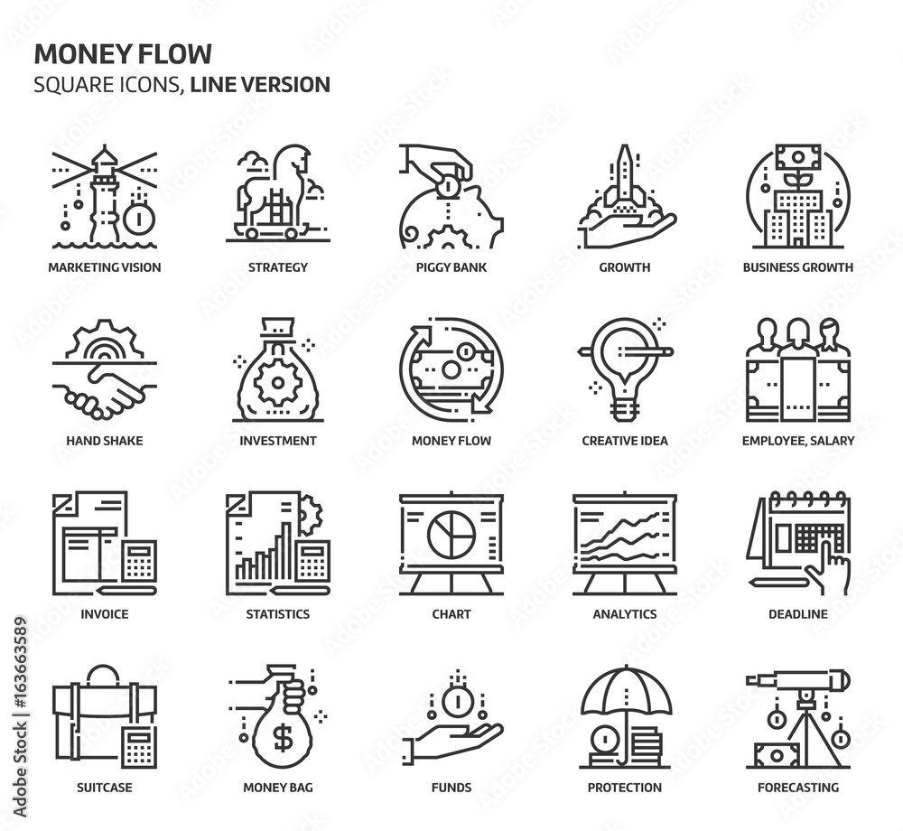 Money flow, square icon set. Money flow, square icon set.