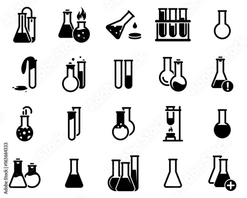 Set of simple icons on a theme Flask, laboratory, experiment, vector, design, collection, flat, sign, symbol,element, object, illustration. Black icons isolated against white background