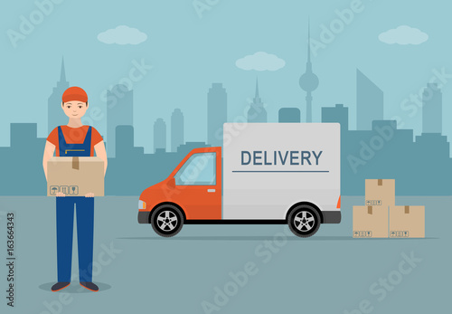 Man with cardboard box and delivery van on city background. Flat style, vector illustration
