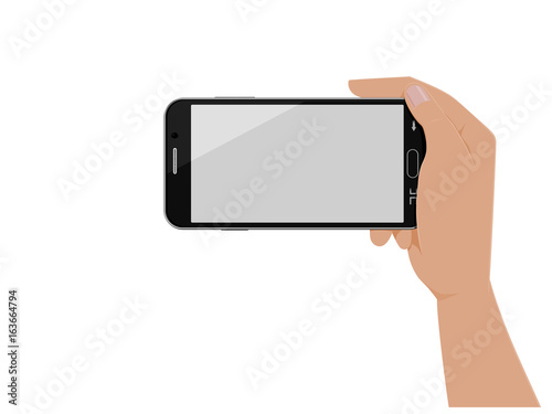 Isolated hand which is holding horizontal smartphone on transparent background
