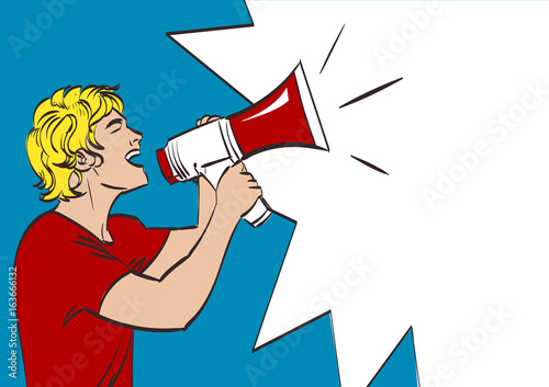 Vector full isolated portrait of a beautiful man with megaphone. Lineart drawing, eps 10. More in my gallery