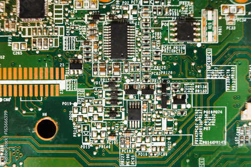 Computer motherboard components close up, top view