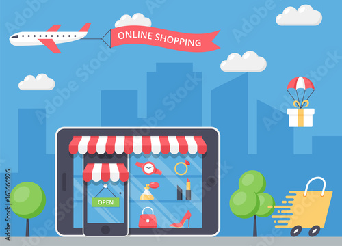Online shopping concept with tablet  phone and fast delivery
