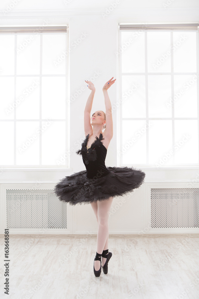 Beautiful graceful ballerina in black swan dress