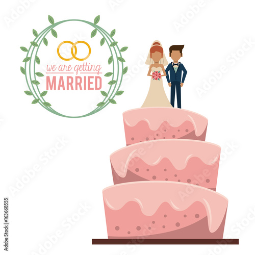 colorful poster of we are getting married with wedding cake with couple married on top