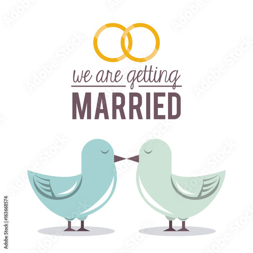 colorful poster of we are getting married with pigeons couple