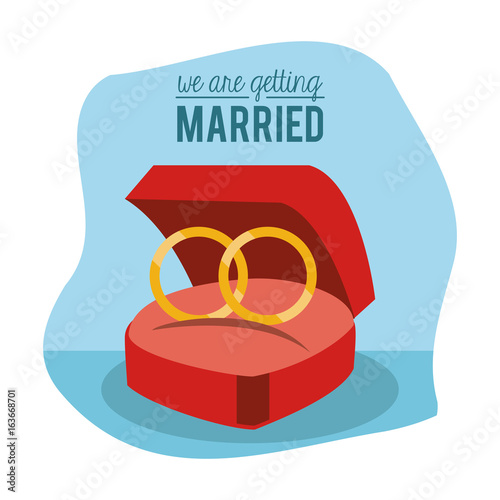 colorful poster of we are getting married with engagement rings in blue background
