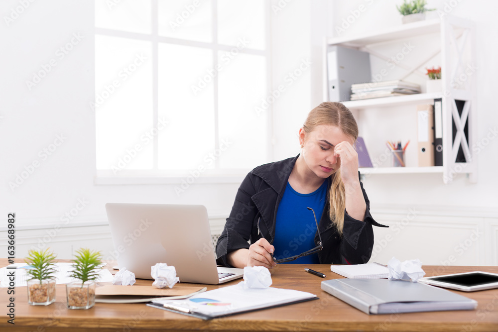Tired pregnant businesswoman at office copy space Tired pregnant businesswoman at office copy space