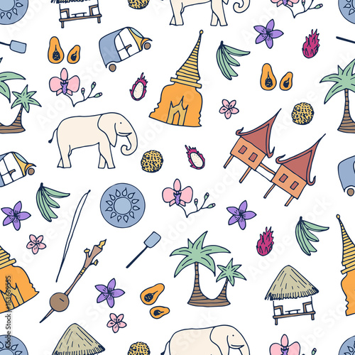 Culture of Thailand seamless pattern. Hand drawn design elements.