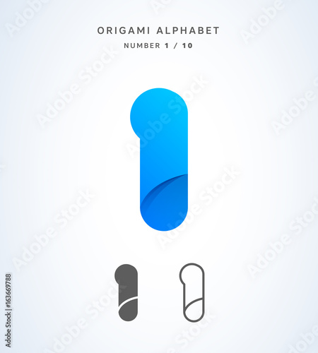Vector origami alphabet. Number 1 logo template