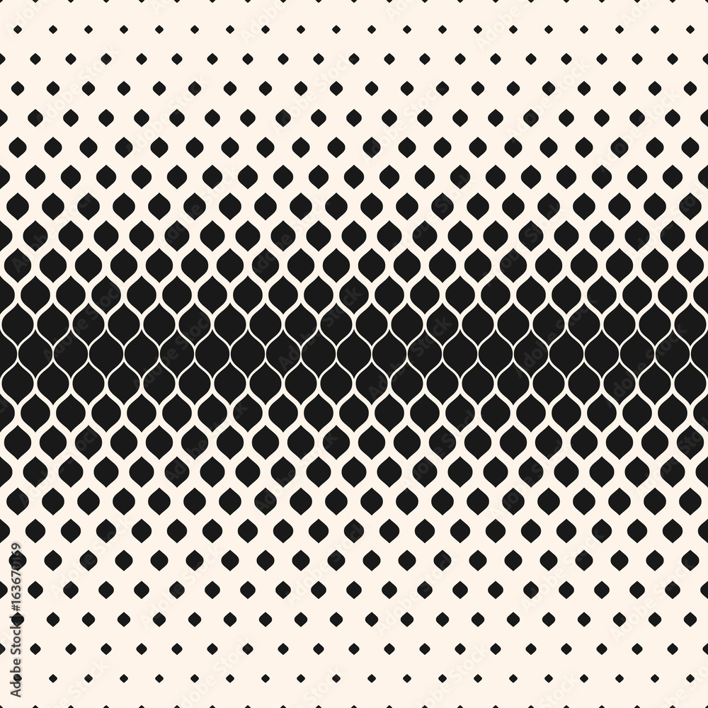 Vector halftone seamless pattern, monochrome geometric texture, visual transition effect, vertical falling rounded shapes. Modern abstract background. Design element for prints, decor, digital, covers Vector halftone seamless pattern, monochrome geometric texture, visual transition effect, vertical falling rounded shapes. Modern abstract background. Design element for prints, decor, digital, covers