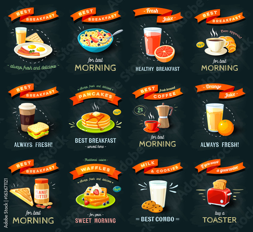 Best breakfast - chalkboard restaurant menu sign. Chalk styled poster, isolated template object: juice, coffee, waffles, cookies, pancakes, croissant, toast, sandwich. Vector flat illustration
