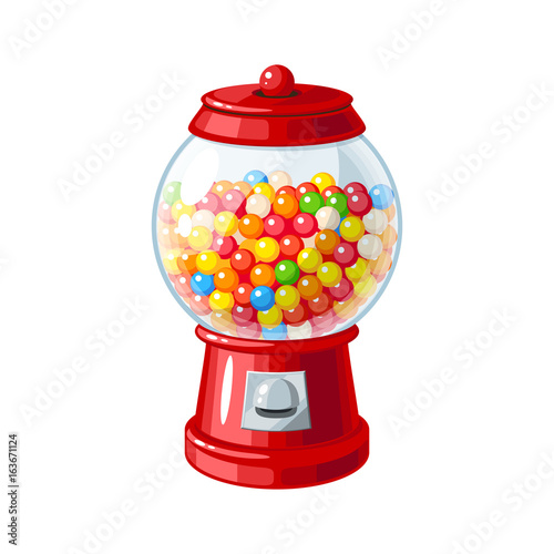 Transparent round glass candy dispenser with colorful bubble gum. Vector illustration flat icon isolated on white.