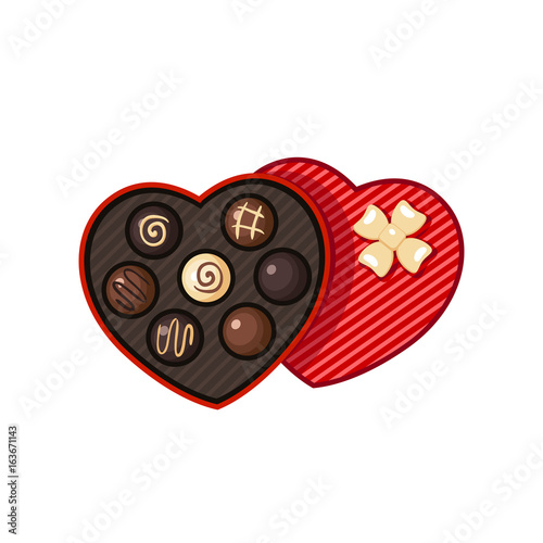 Heart shaped valentine day candy box with chocolate bon-bons.  Vector illustration flat icon isolated on white.