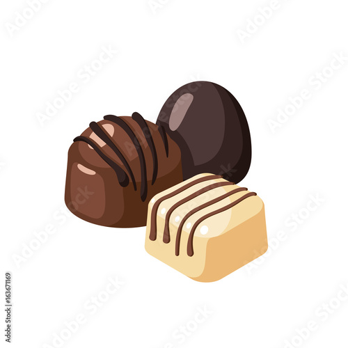 Striped dark white chocolate covered bon-bons. Vector illustration candy  flat icon isolated on white.