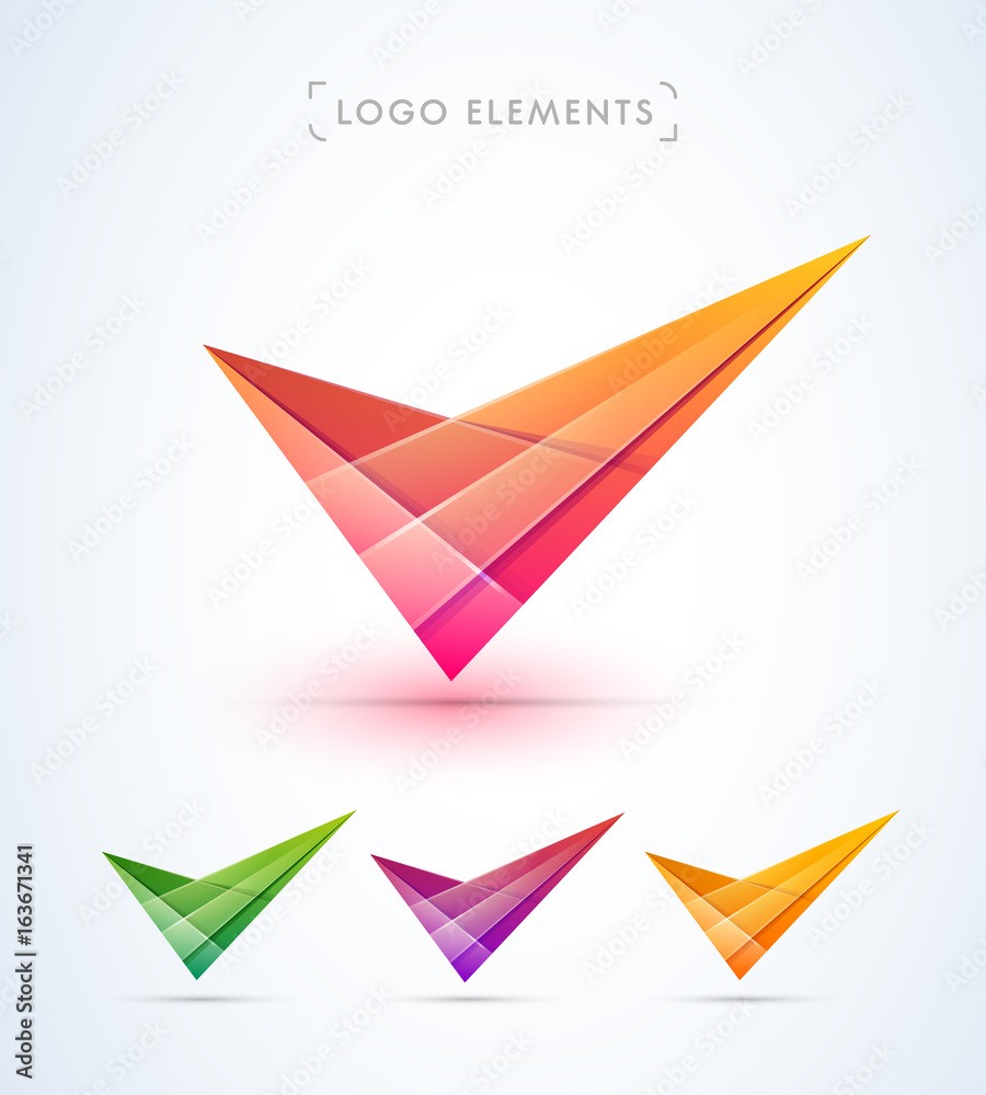 Abstract check mark logo. Glossy material design style collection.