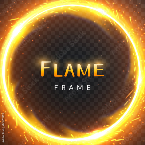 Realistic round light fire flame frame with inscribed text, vector template illustration on transparent background
