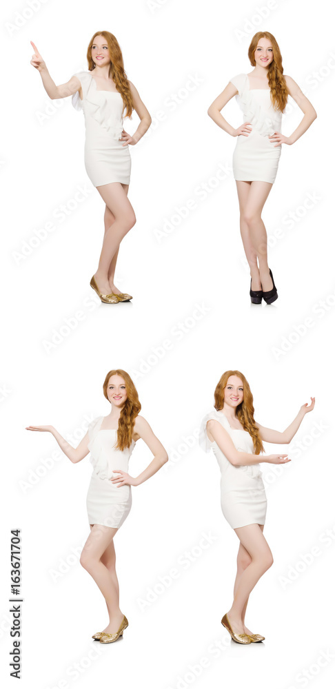 Woman pressing virtual button isolated on white Woman pressing virtual button isolated on white