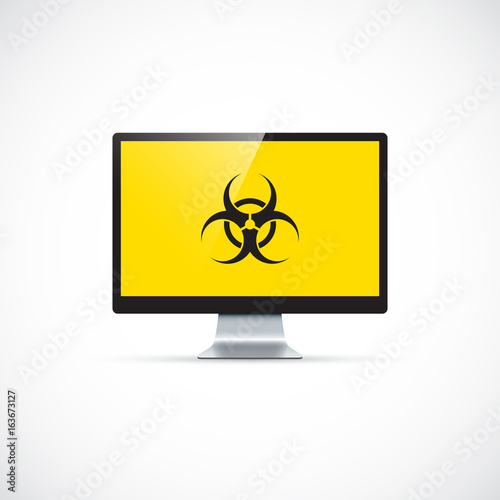 Computer virus protection concept. Biohazard symbol on the screen