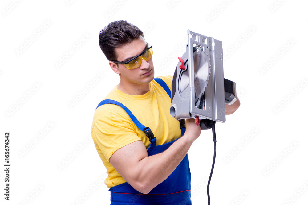 Carpenter wearing coveralls with circular saw isolated on white Carpenter wearing coveralls with circular saw isolated on white
