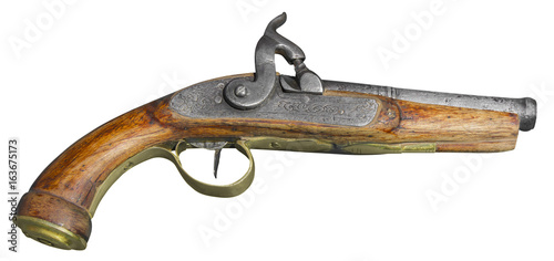 Vintage antique flintlock pistol isolated on white background