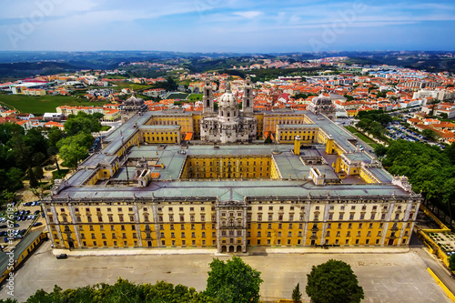 Portugal:  aerial top view of the Royal Convent and Palace of Mafra, baroque and neoclassical palace – monastery next to Lisbon
