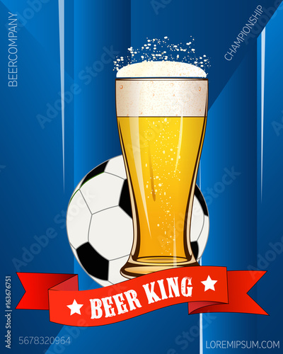 Beer King ribbon text. Poster beer glass mug foam bubble over geometrical background vector illustration, isolated. Beer . Pub bar beer banner. Beer party poster. Good as a template of advertisement. 