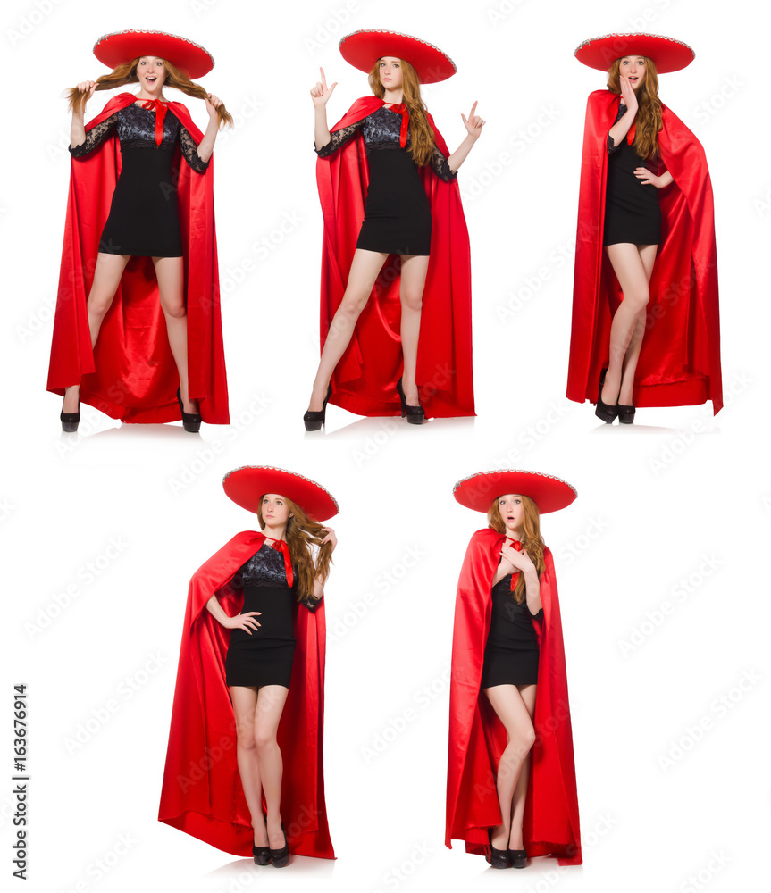 Mexican woman in red clothing on white