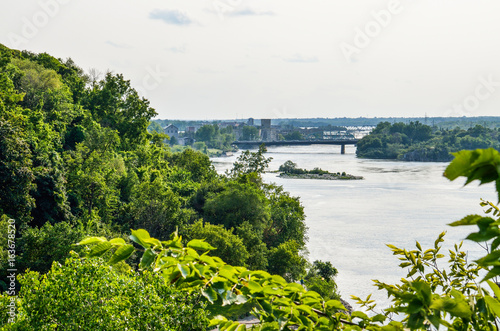 Skyline or cityscape of Hull in Gatineau, Quebec with river and bridges in Ottawa, Canada