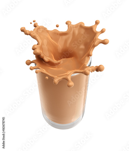 Splash of chocolate milk from the glass on isolated photo