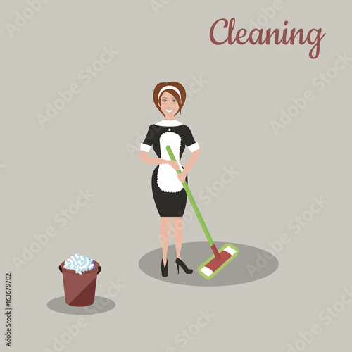 Cute cleaner in dark dress and white apron with the tools for housekeeping: a burgundy bucket with soapy foam, MOP with green handle and cloth. Gray background. Vector illustration. Cleaning 