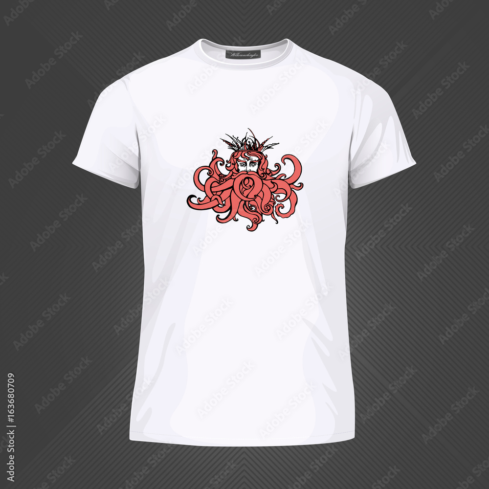 Original print for t-shirt. White t-shirt with fashionable design - Poseidon or Neptune head. Vector Illustration Original print for t-shirt. White t-shirt with fashionable design - Poseidon or Neptune head. Vector Illustration