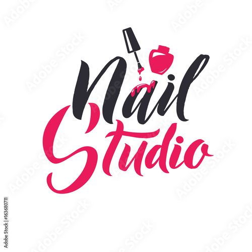Manicure Studio. Nail Master Logo Beauty Vector Lettering. Custom Handmade Calligraphy. Vector Illustation