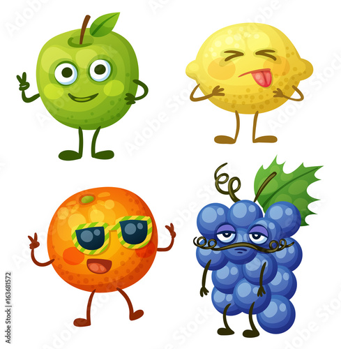 Funny fruit characters isolated on white background. Cheerful food emoji. Cartoon vector illustration: green apple, sour yellow lemon, cheerful orange, calm blue grape